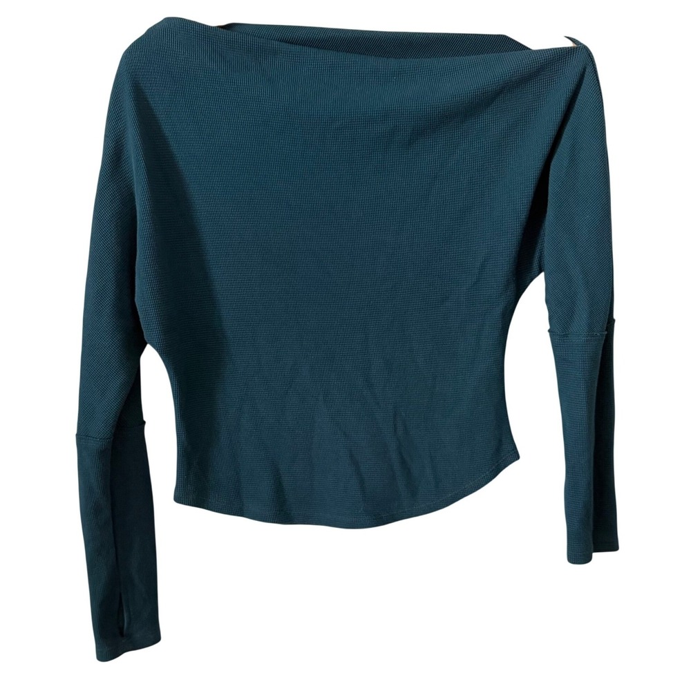 We The Free Sz Sm Teal Blue Waffle Knit Thermal Off Shoulder Top Thumbholes